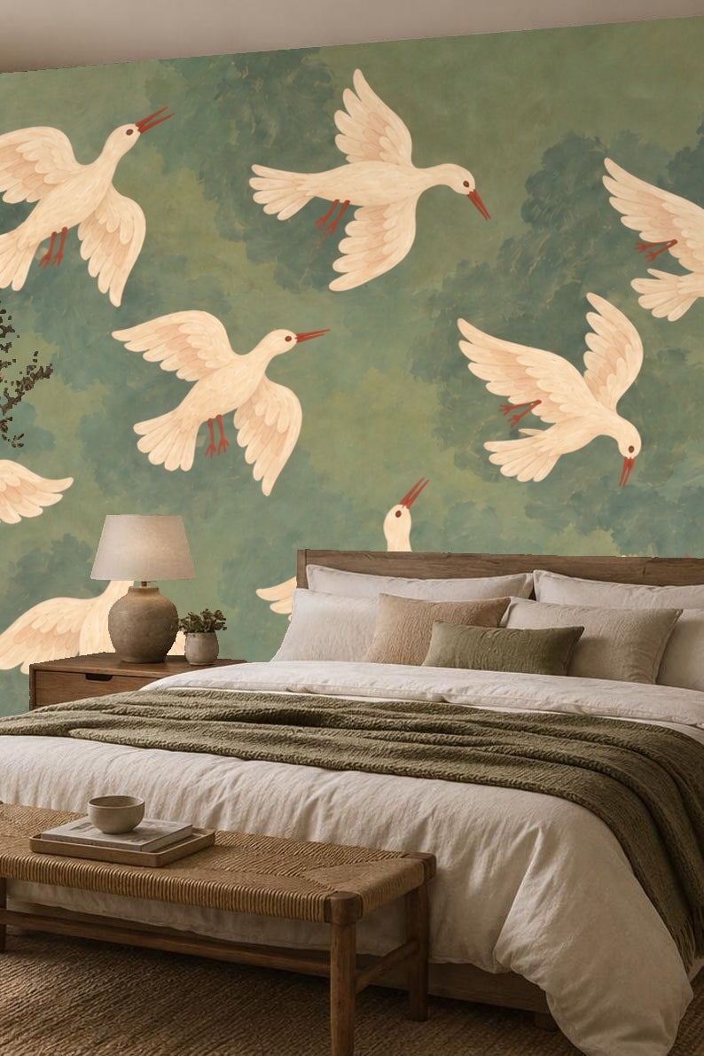 Wallpaper pattern showing soft white doves in flight on a muted green and blue mottled background with a golden crescent moon