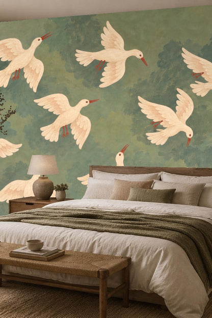 Wallpaper pattern showing soft white doves in flight on a muted green and blue mottled background with a golden crescent moon