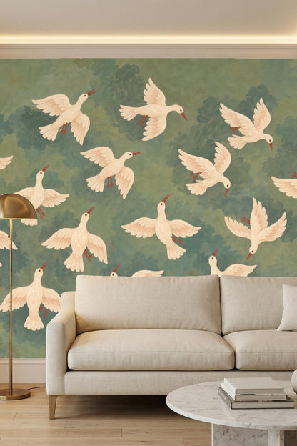Ethereal Doves & Crescent Wallpaper wallpaper shown in an interior setting