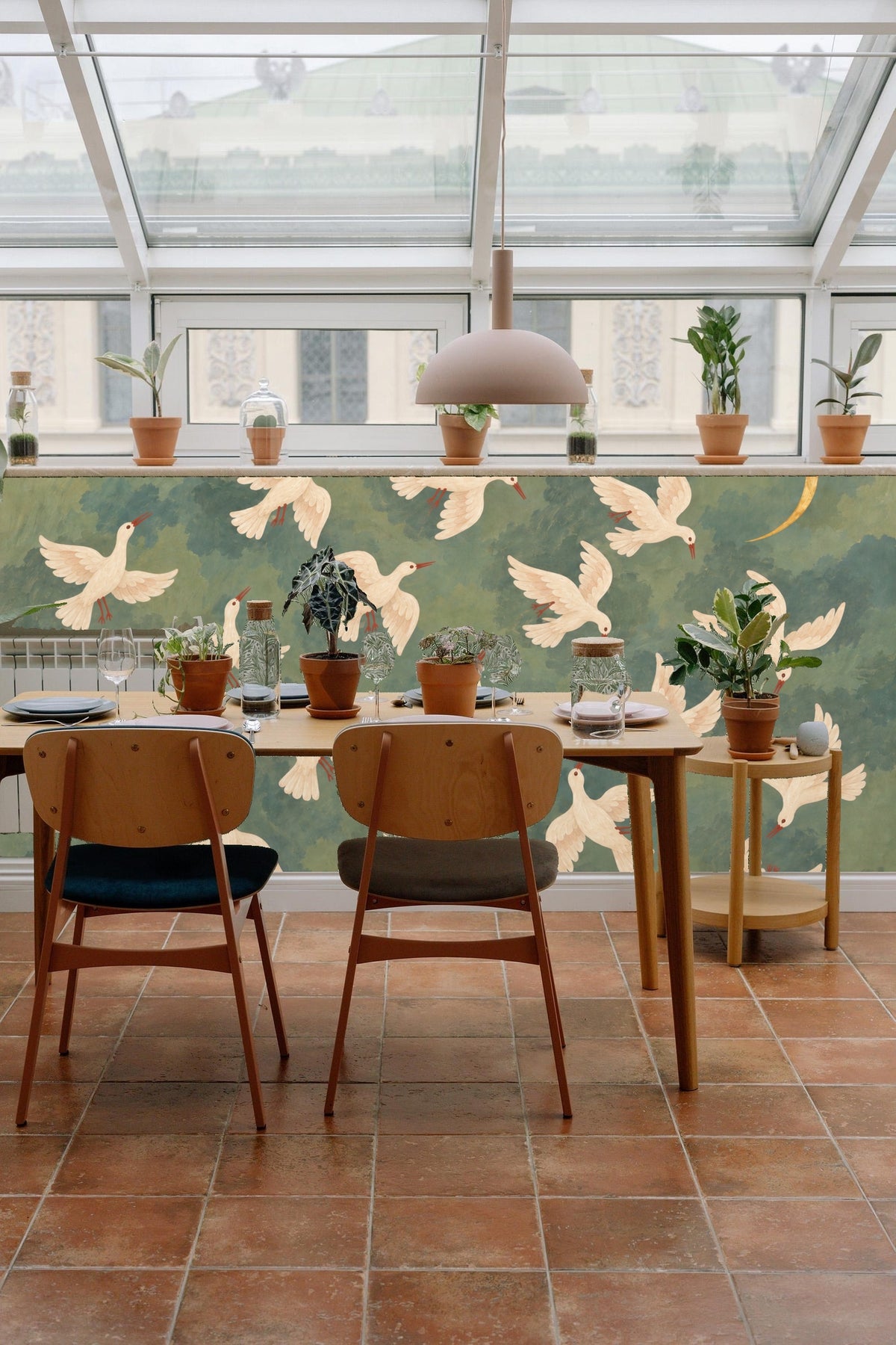 Ethereal Doves & Crescent Wallpaper wallpaper shown in an interior setting