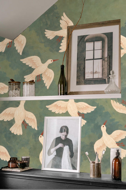 Ethereal Doves & Crescent Wallpaper wallpaper shown in an interior setting