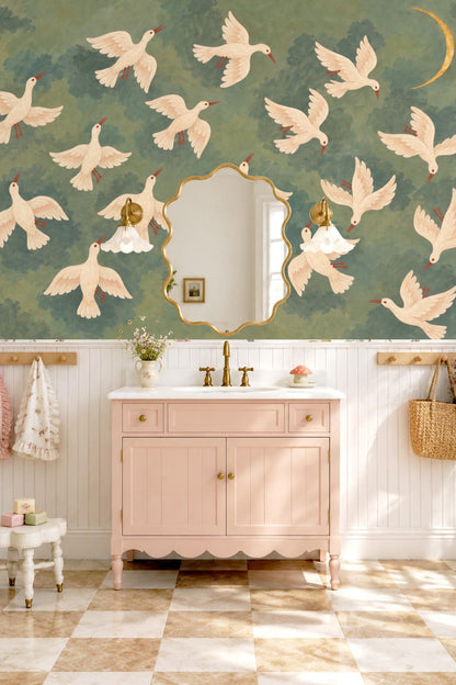 Ethereal Doves & Crescent Wallpaper wallpaper shown in an interior setting