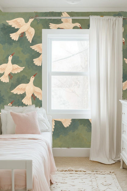 Ethereal Doves & Crescent Wallpaper wallpaper shown in an interior setting