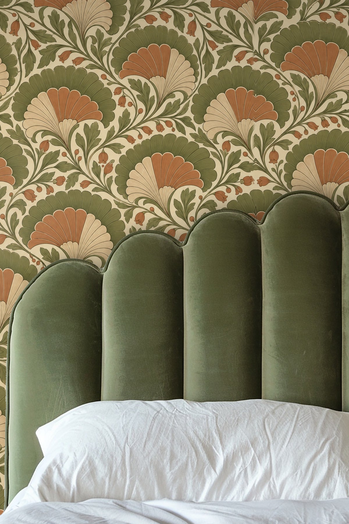 Pattern detail showing stylized fan-shaped floral motif in terracotta and olive green on cream background