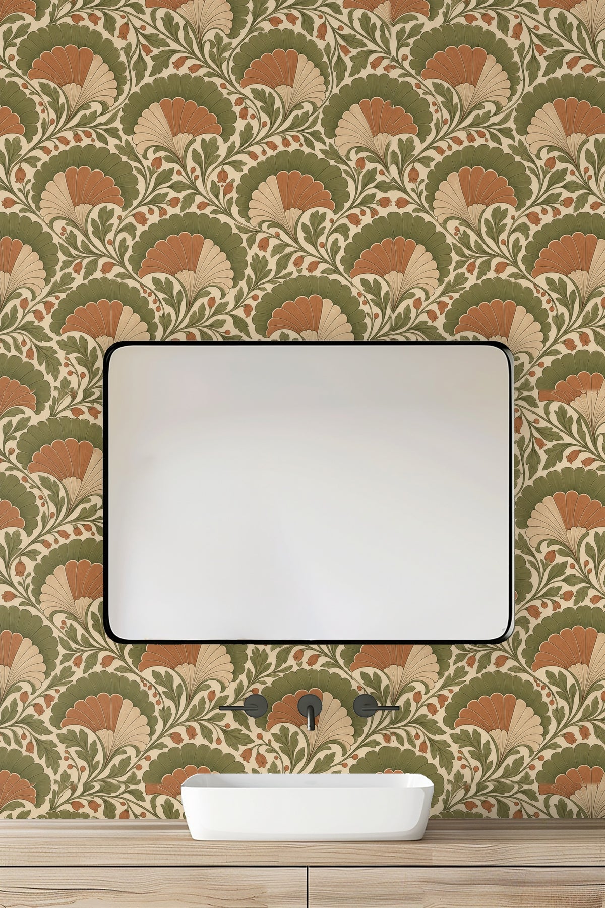 Soft natural light illuminating wallpaper pattern and furniture textures