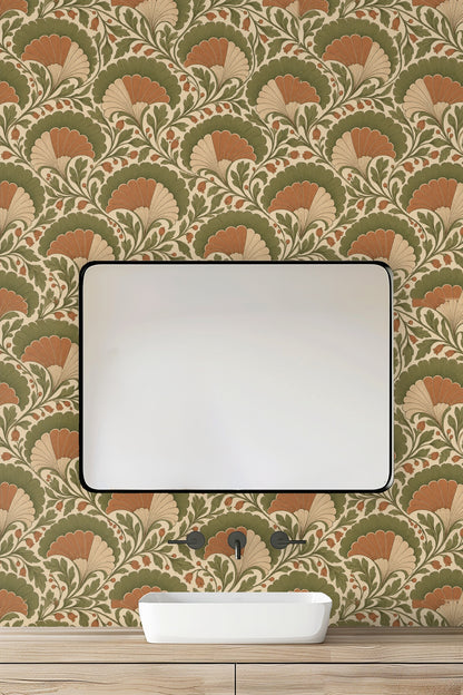 Soft natural light illuminating wallpaper pattern and furniture textures