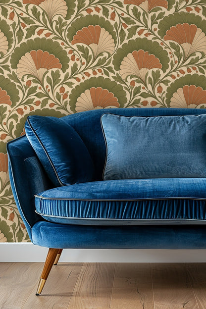 Bedroom wall with green velvet scalloped headboard and botanical fan wallpaper behind