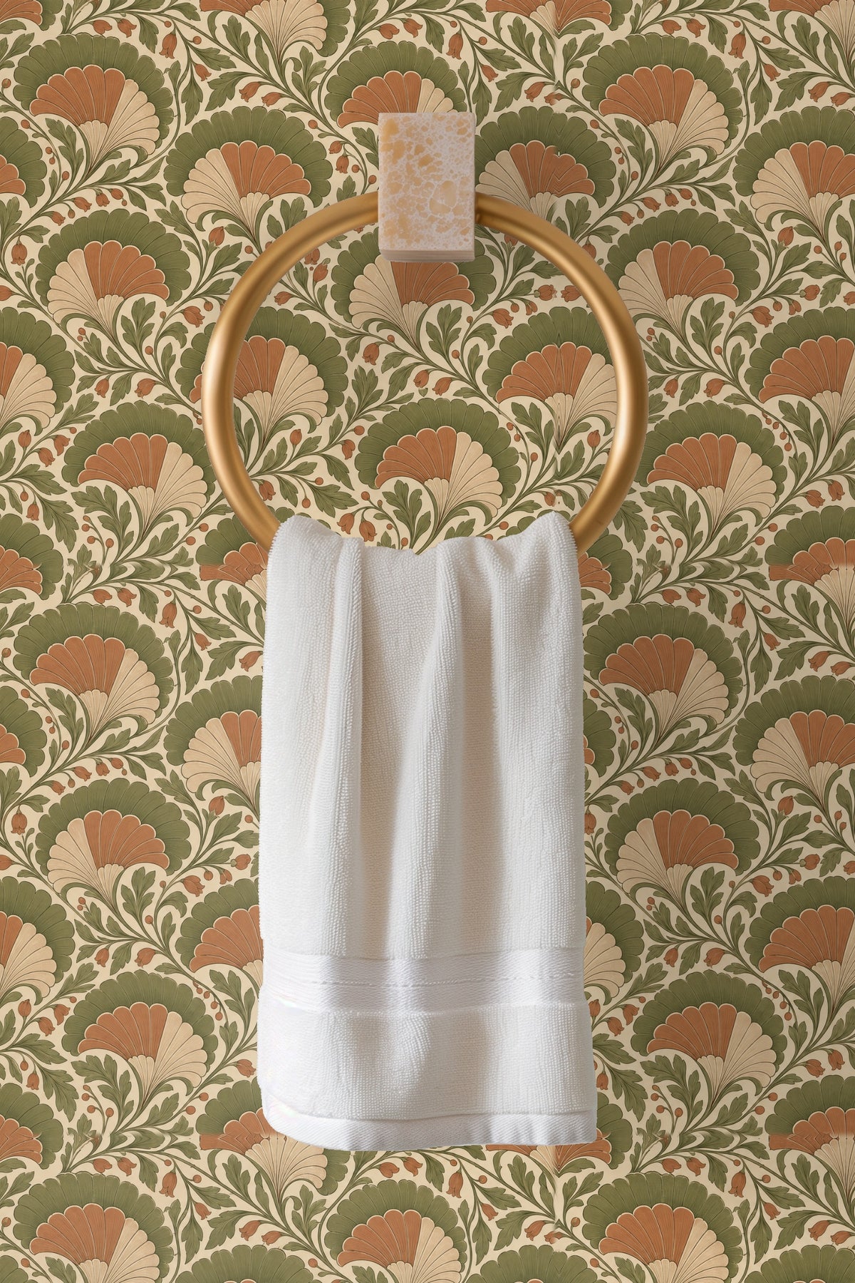 Wallpaper pattern showcasing curved leaves and small bell-shaped buds in muted tones