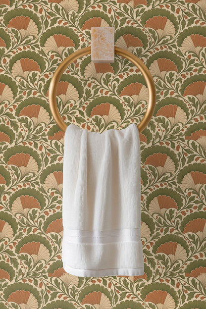 Wallpaper pattern showcasing curved leaves and small bell-shaped buds in muted tones
