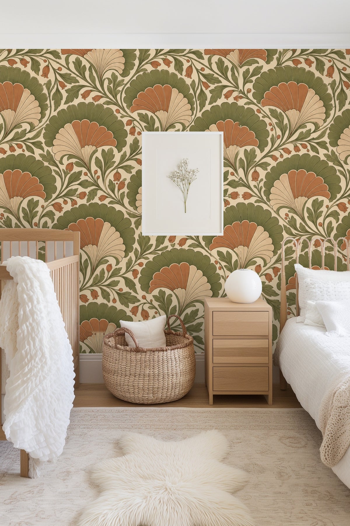 Floral fan motif wallpaper repeat pattern close-up with terracotta and green hues