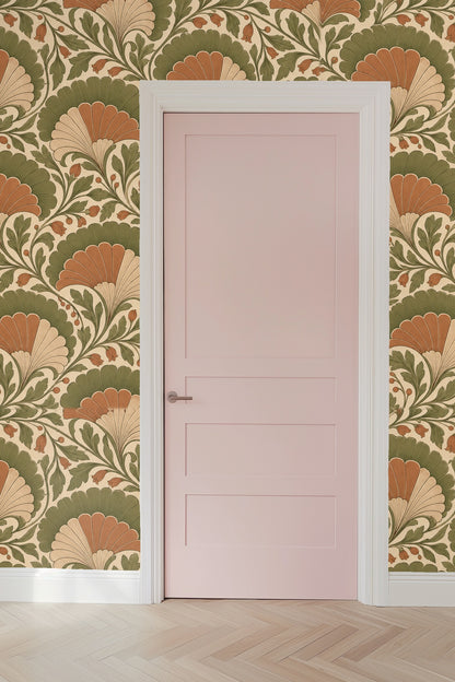 Interior view showing botanical fan wallpaper with soft lighting and shadow play