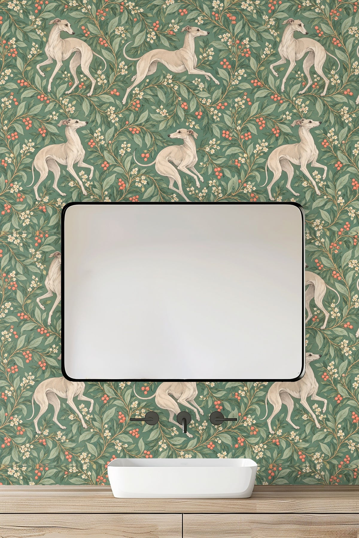 Elegant whippet standing poised on botanical wallpaper