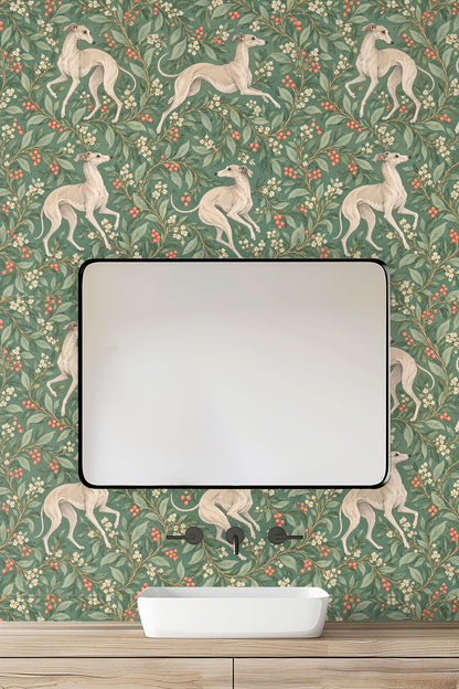 Elegant whippet standing poised on botanical wallpaper