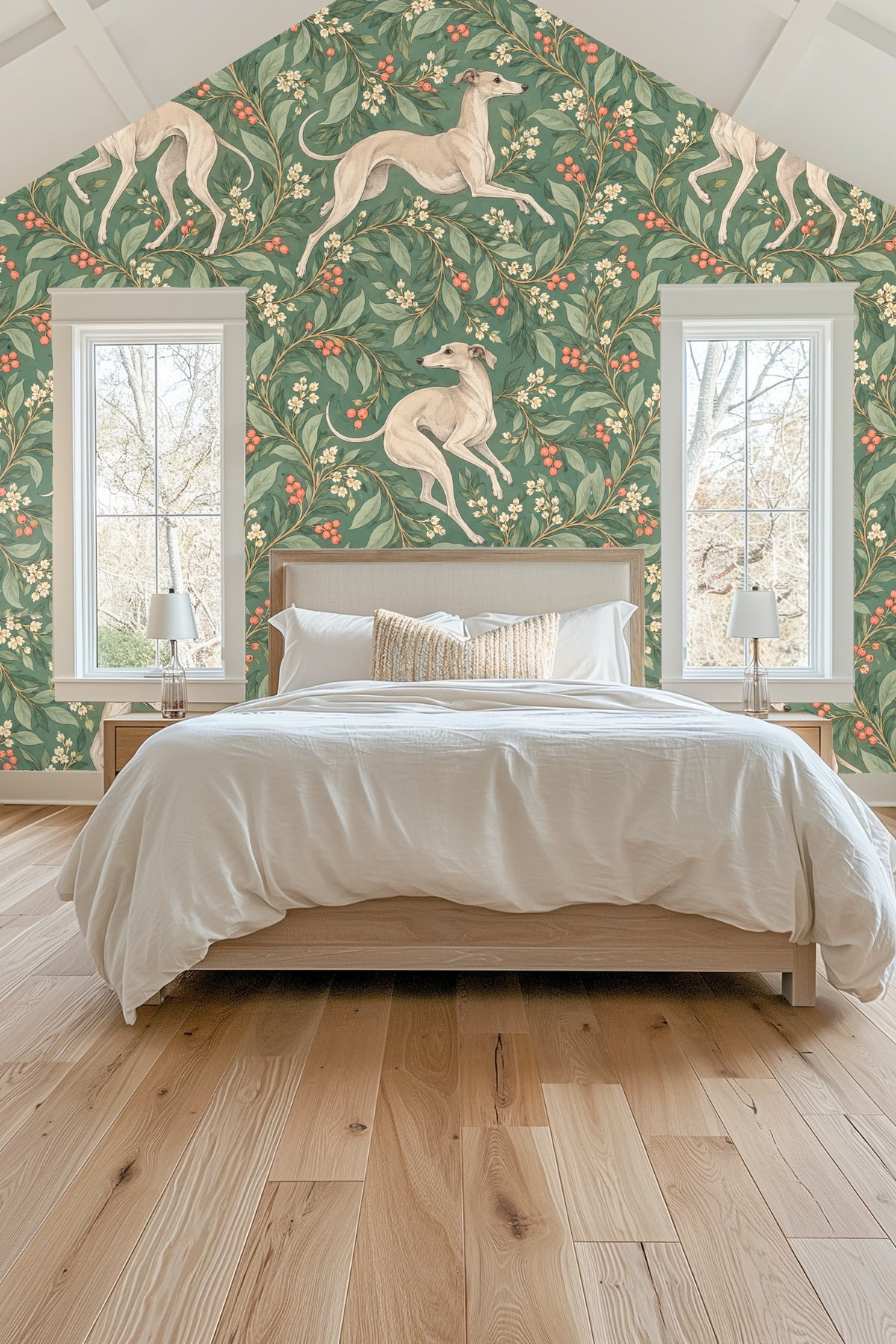 Trailing Whippets wallpaper original artwork showing four whippets and botanical motifs on green background