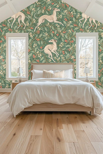 Trailing Whippets wallpaper original artwork showing four whippets and botanical motifs on green background