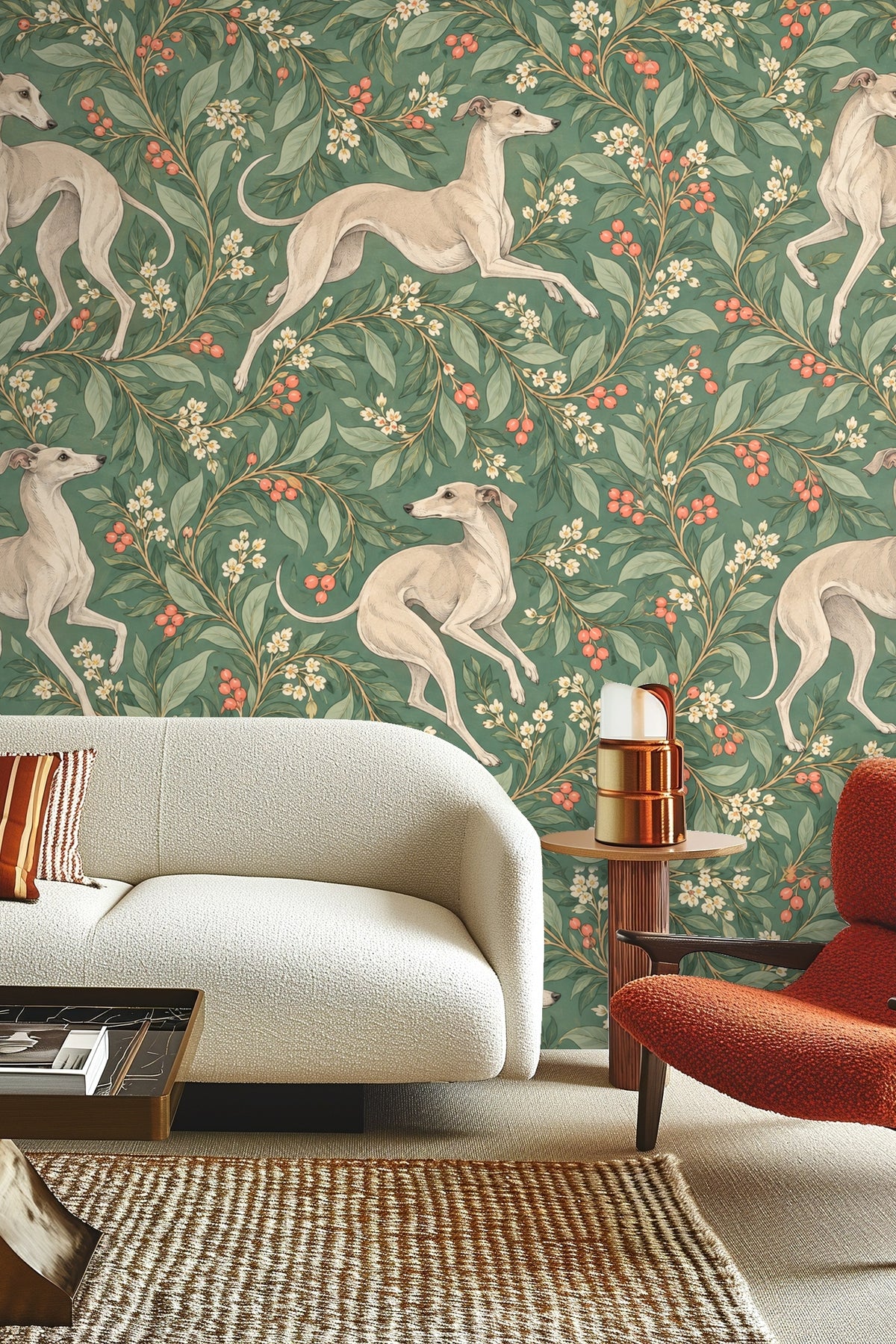 Living room wall with beige sofa and natural wood coffee table in front of whippet and leafy floral wallpaper