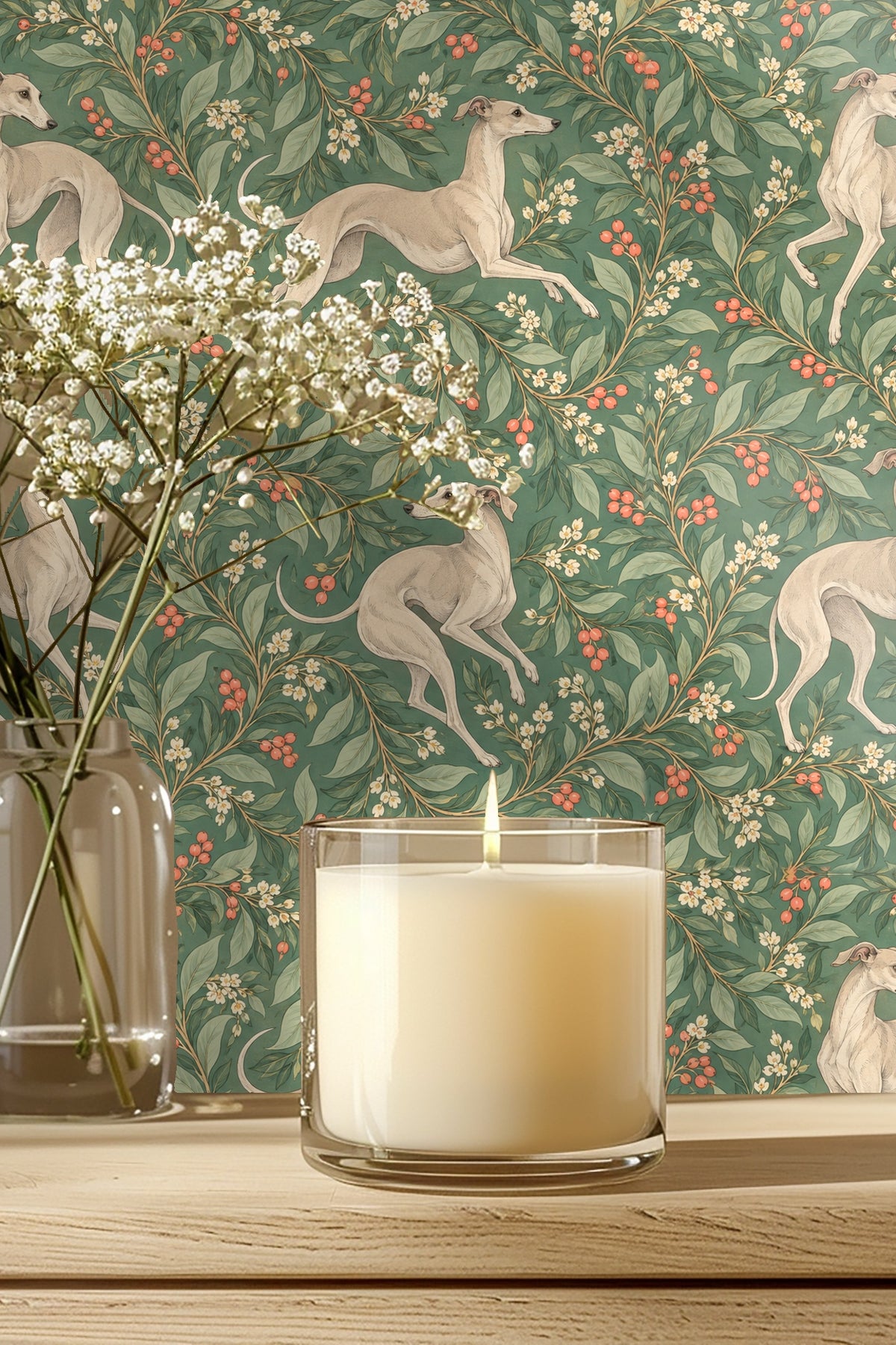 Trailing Whippets wallpaper detail showing delicate white blossoms and coral berries mixed with leaves