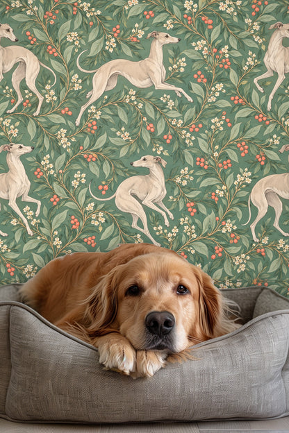 Whippet in a seated pose depicted on floral wallpaper pattern