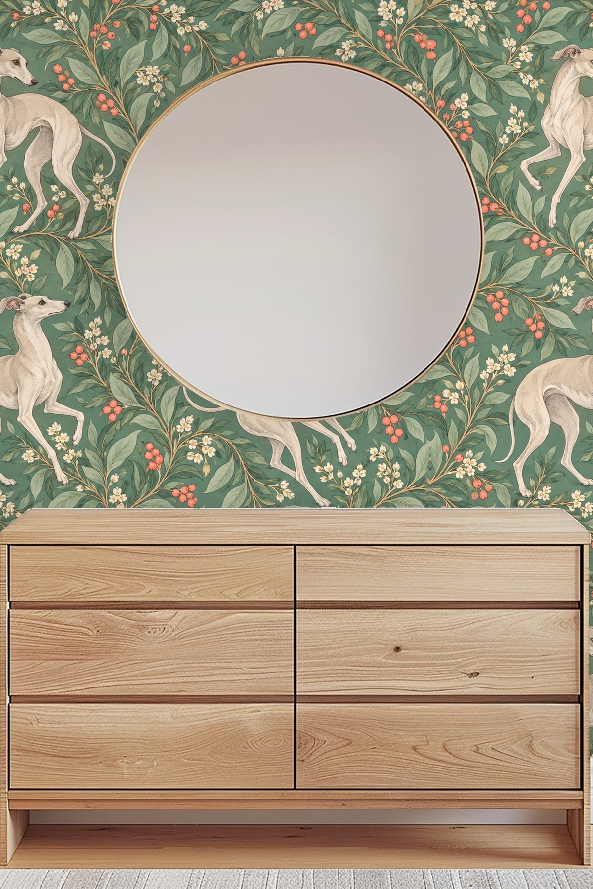 Flowing leaf branches swirling around whippets in soft beige tones