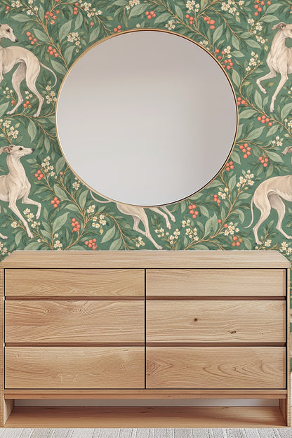 Flowing leaf branches swirling around whippets in soft beige tones