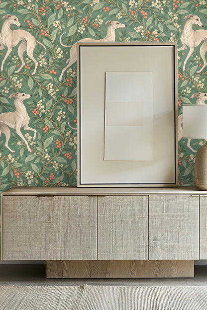 Entryway featuring Trailing Whippets wallpaper behind a light wood credenza and framed abstract art