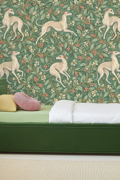 Full patterned repeat showing whippets and flora