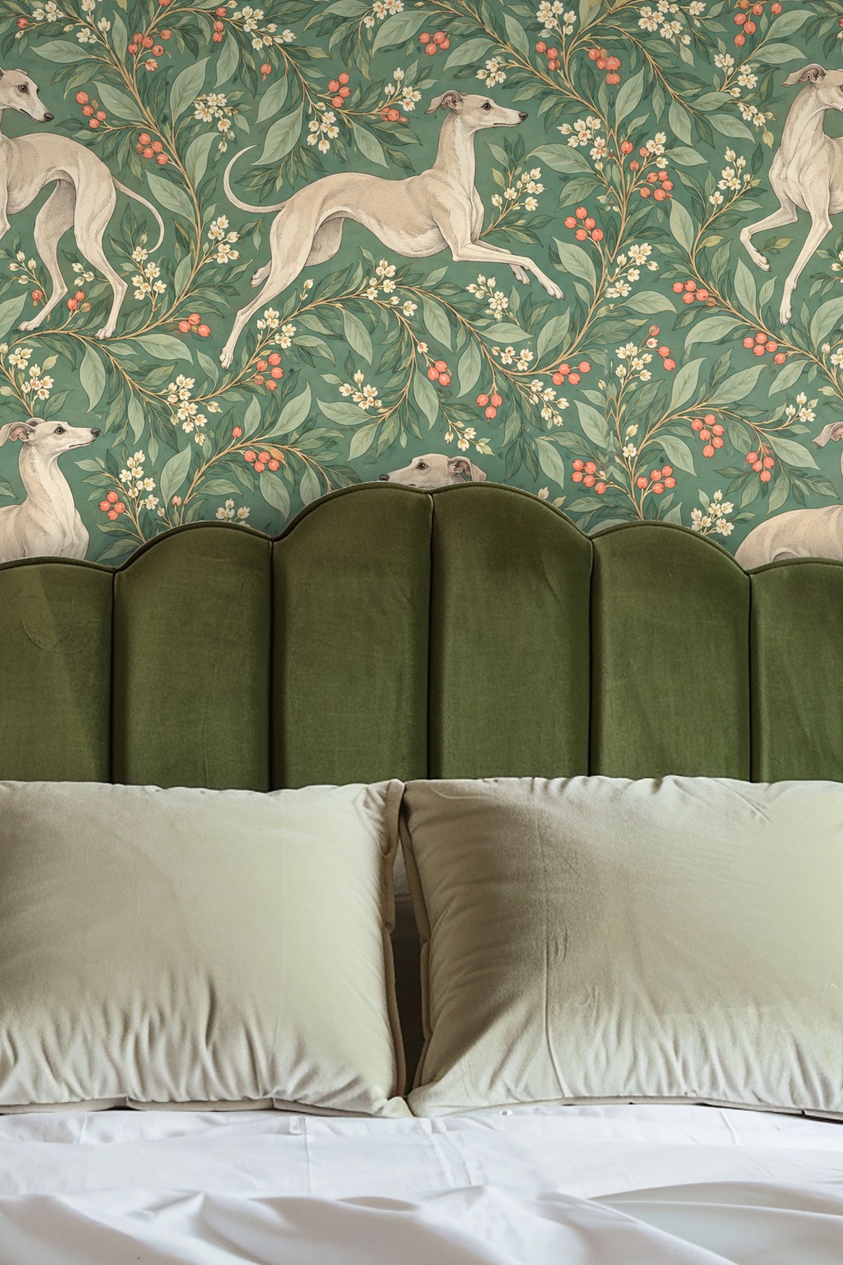 Wallpaper pattern showing whippets in various poses surrounded by leafy green branches with white flowers and red berries