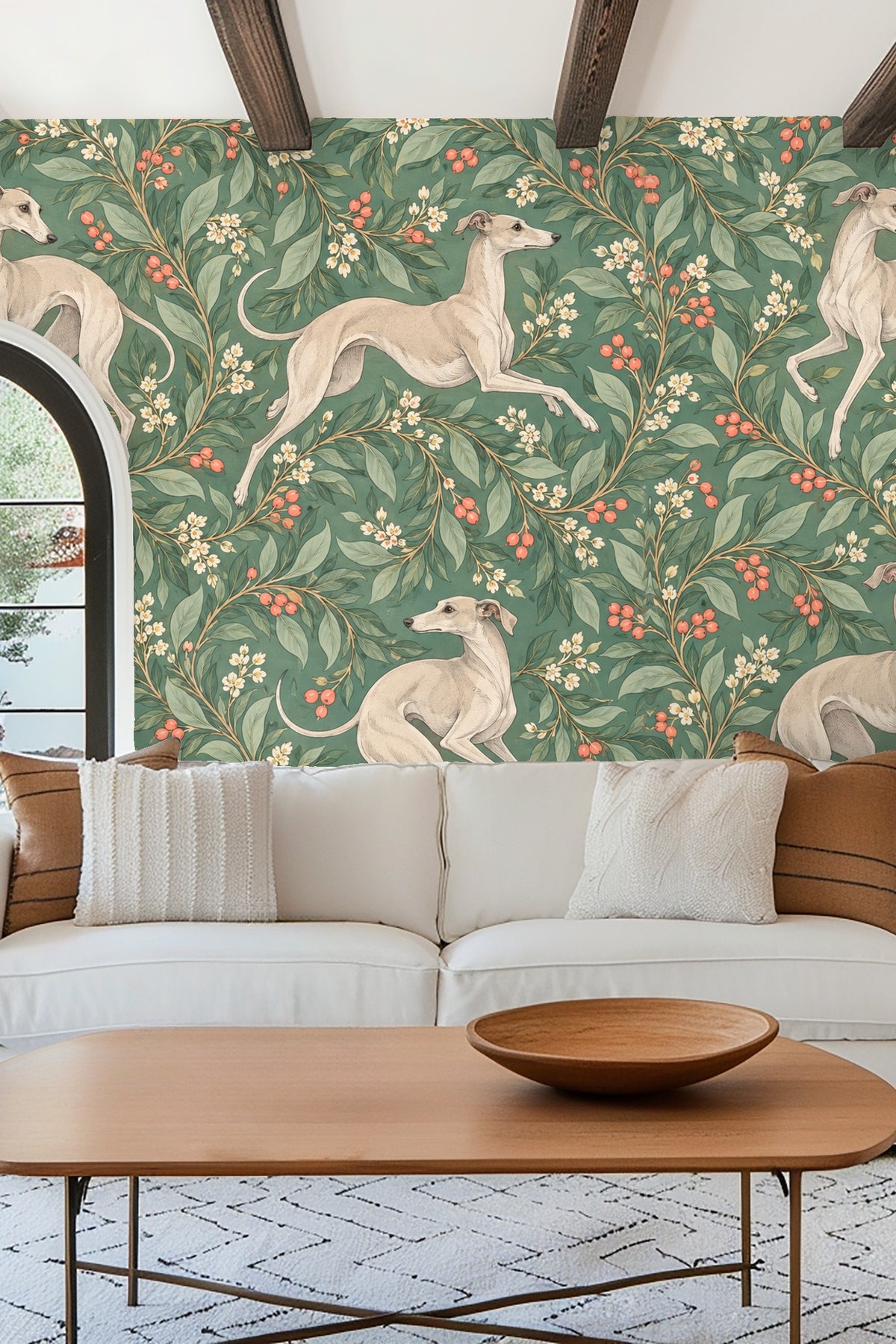 Muted green and beige color palette with coral accents on wallpaper