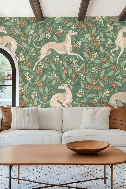 Muted green and beige color palette with coral accents on wallpaper