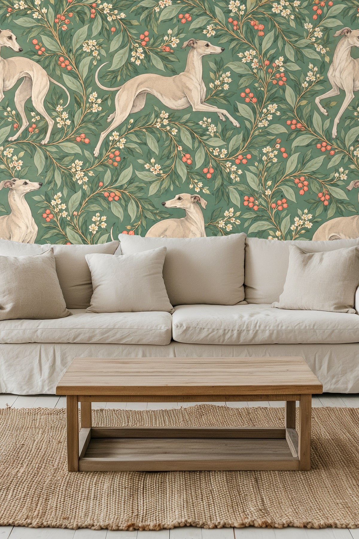 Bedroom wall with green velvet scalloped headboard against wallpaper featuring whippets and floral scrolls