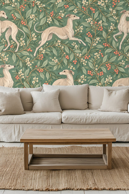 Bedroom wall with green velvet scalloped headboard against wallpaper featuring whippets and floral scrolls