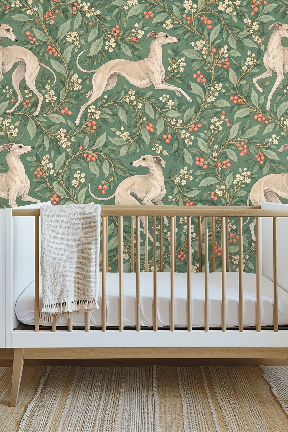 Full-scale repeat of four whippets in dynamic poses surrounded by leafy vines