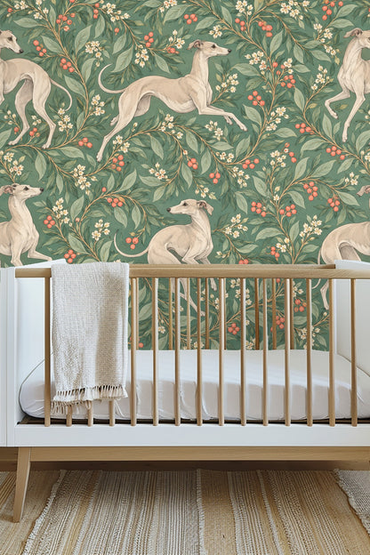 Full-scale repeat of four whippets in dynamic poses surrounded by leafy vines