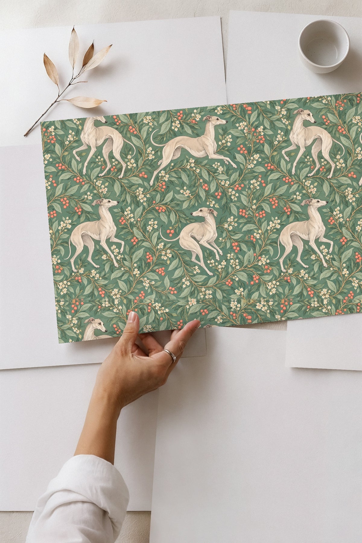 Wallpaper edge showing pattern alignment and scale against white trim