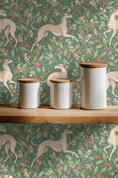 Repeated whippet figures integrated with botanical swirls on muted green background