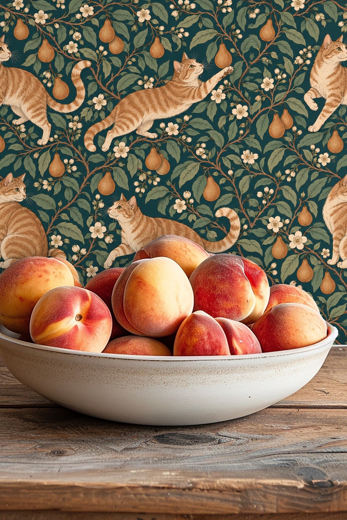 Pattern repeat showing multiple cats and pears