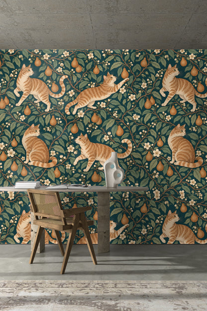 Orange tabby cat looking upward amid pear blossoms