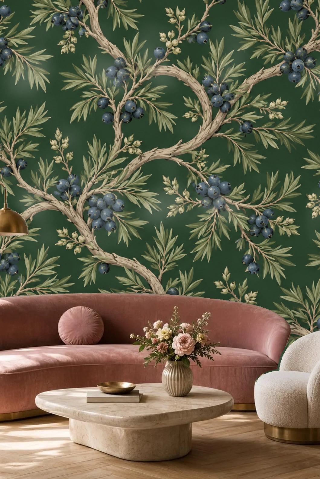 Detailed botanical wallpaper close-up showing twisting branches with blue juniper berries on deep green background.