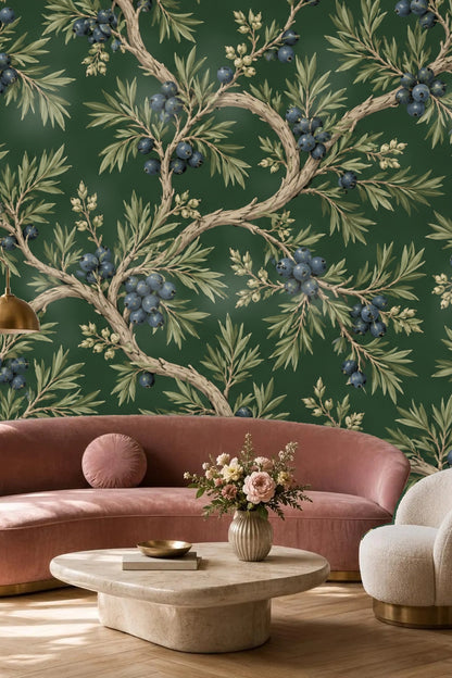 Detailed botanical wallpaper close-up showing twisting branches with blue juniper berries on deep green background.