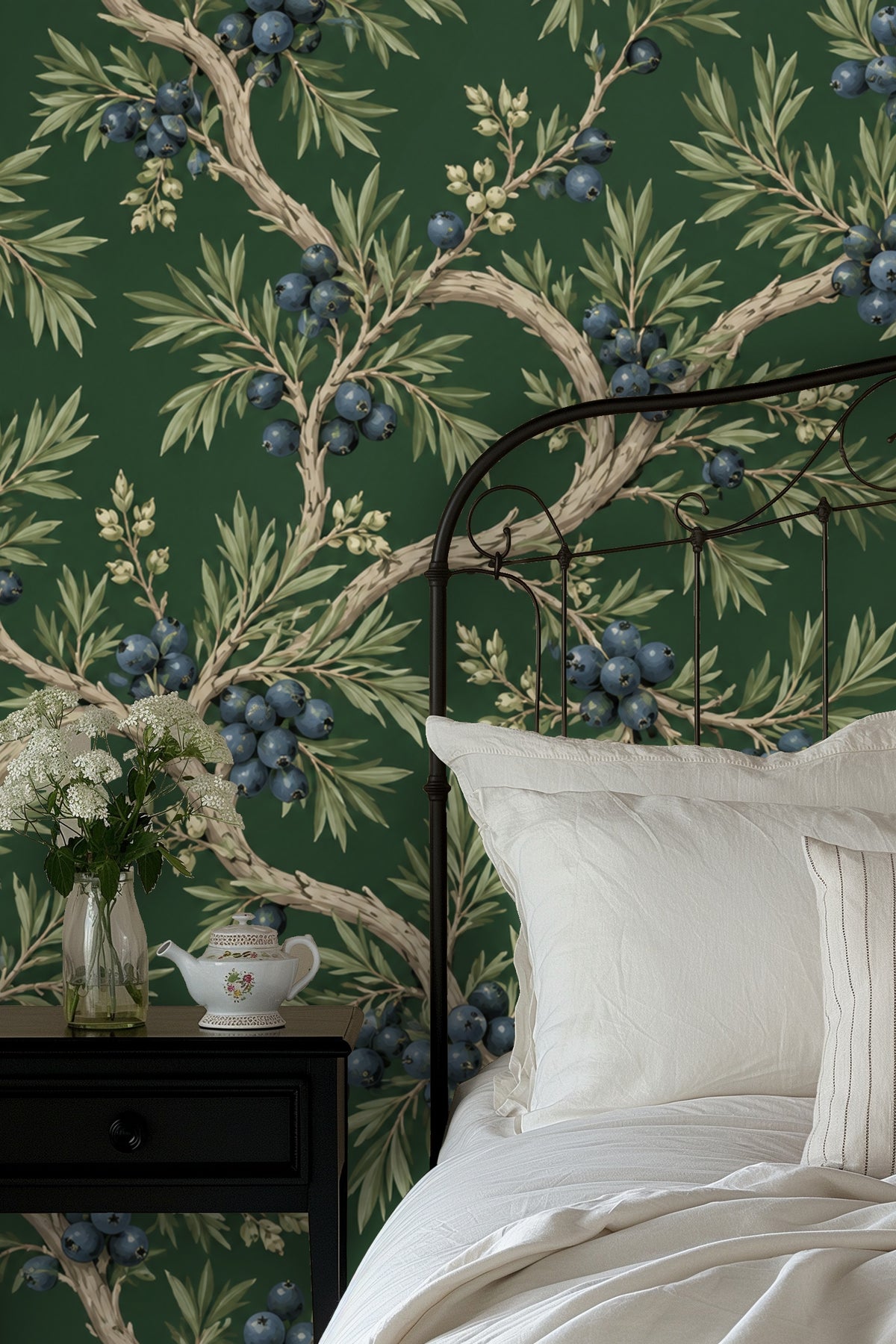 Interior shot showing wallpaper scale with berry clusters appearing in balanced repetitive pattern.
