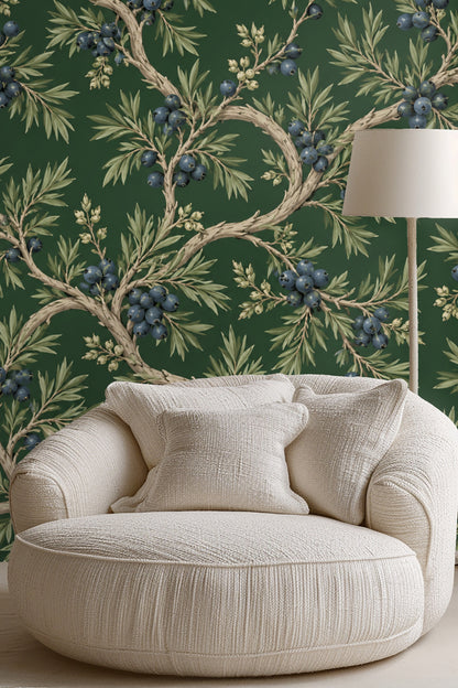 Side view of wallpaper placing naturalistic botanical pattern in cozy modern living room setting.