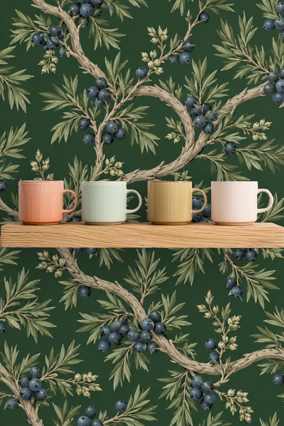 Mood shot of bedroom corner with peach-pink linen bedding complementing wallpaper's muted greens.