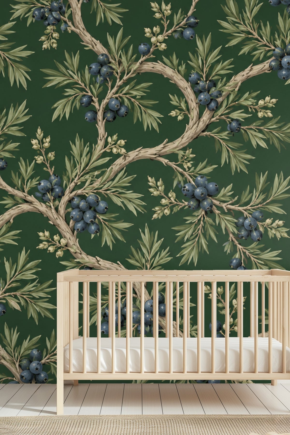 Full wall installation showing vibrant green and blue hues with organic branch flow.