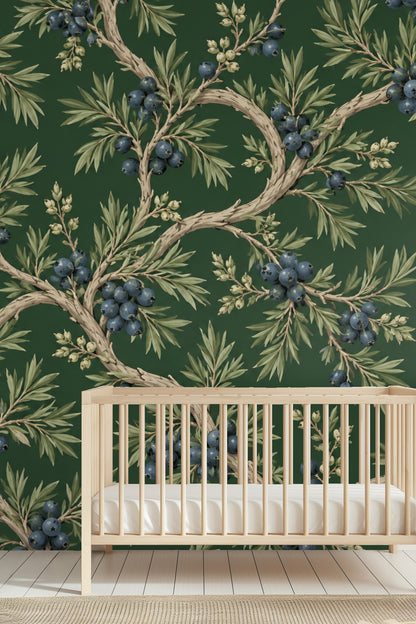 Full wall installation showing vibrant green and blue hues with organic branch flow.