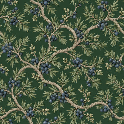 Gallery wall view showing wallpaper extending the naturalistic branch motifs across large surfaces.
