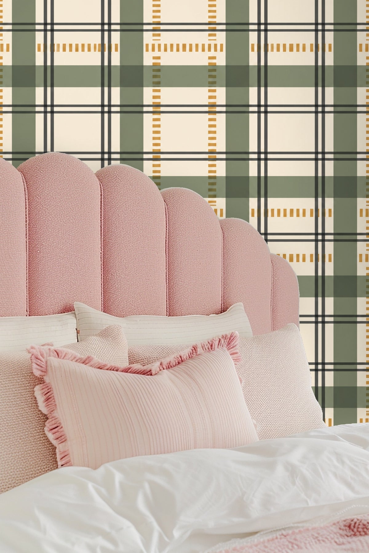 Architect Plaid original wallpaper artwork showing olive green and black intersecting lines with ochre dashed accents on ivory background