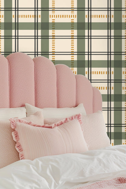 Architect Plaid original wallpaper artwork showing olive green and black intersecting lines with ochre dashed accents on ivory background