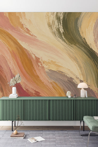 Close view of wallpaper texture showing layered, blended brushstrokes