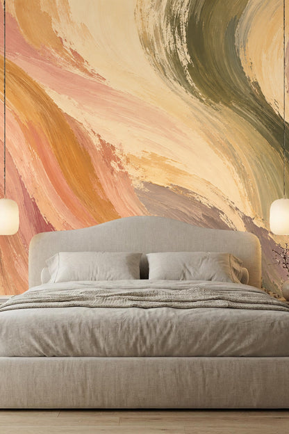 Swirling brushstroke wallpaper in terracotta, ochre, sage, and cream close-up