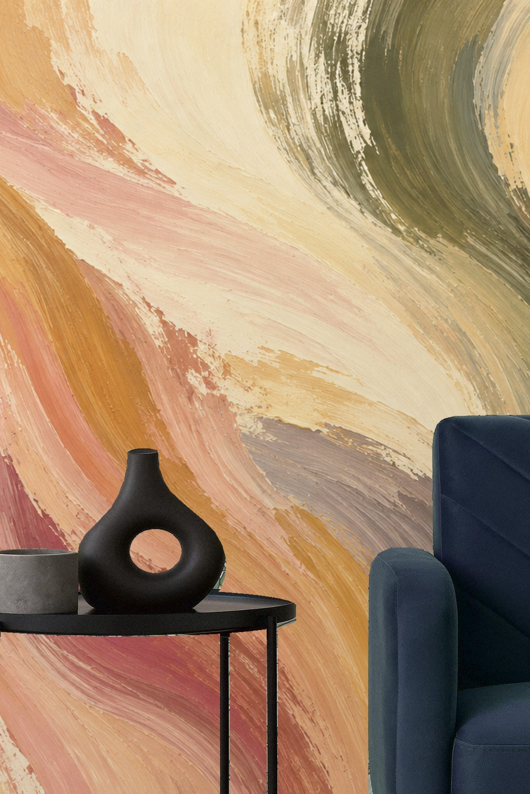 Bedroom with Spun Terra Waves wallpaper behind beige upholstered bed and soft pendant lights